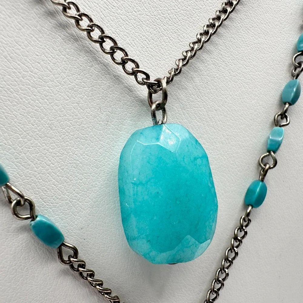 Vintage Y2K Multi Stand Necklace Silver Tone Faux Turquoise Jewelry